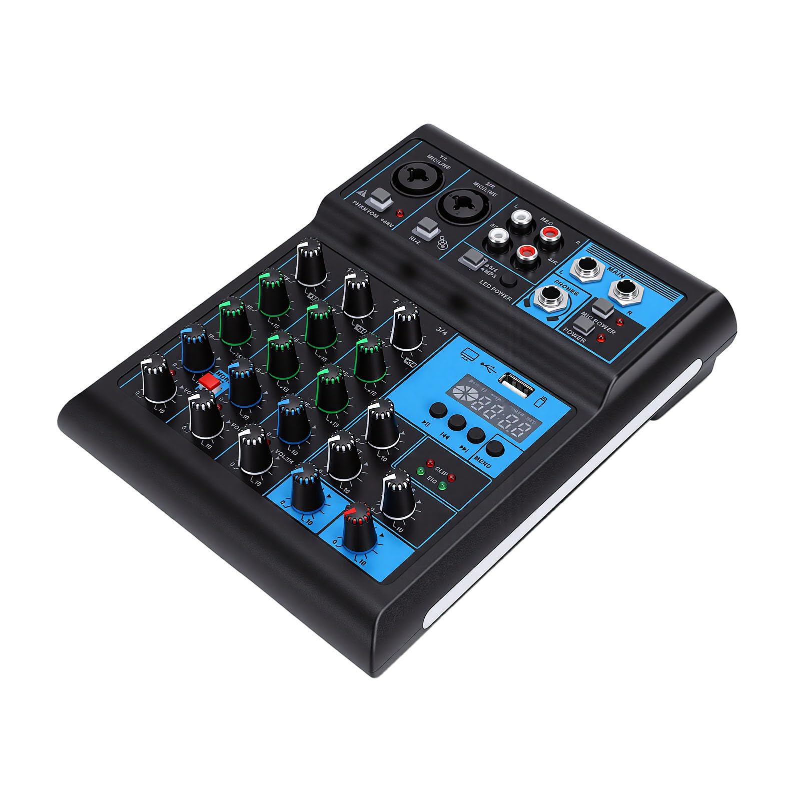 Tonysa Set di Microfoni Mixer a 4 con Doppio Microfono UHF Wireless Console di Missaggio RGB per Karaoke Domestico Supporto DJ MP3 Alimentazione Bluetooth 48V Interfaccia USB