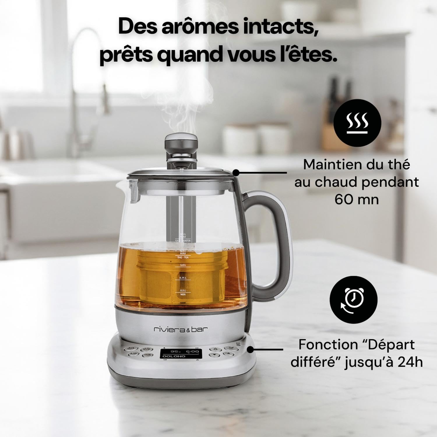 riviera&bar Théière Bouilloire CHA DAO EXPERT à Température Réglable - Verre Trempé et Inox, Mode Silencieux, Infusion Thé Optimale, Écran LCD, Programmes Personnalisables - 1,5L - Inox