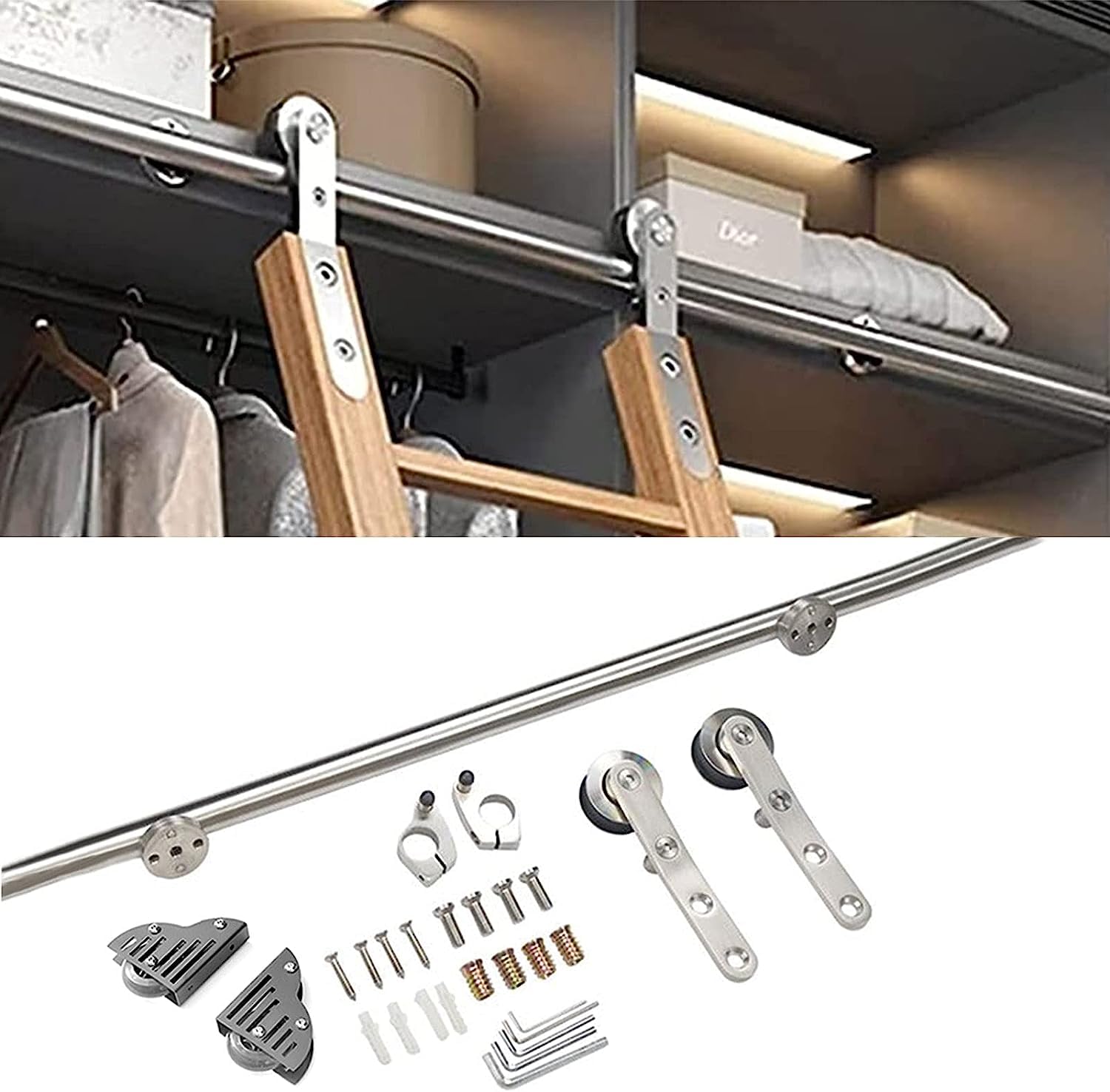 Kit de rails pour échelle coulissante en acier inoxydable de 6,6 à 13 pieds pour bibliothèque