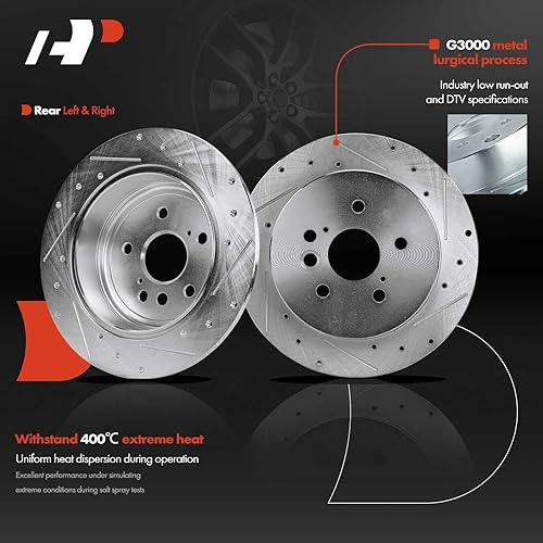 Miniatura 7 de A-Premium Juego de rotores de freno de disco perforados y ranurados delanteros y traseros + pastillas de cerámica compatibles con modelos