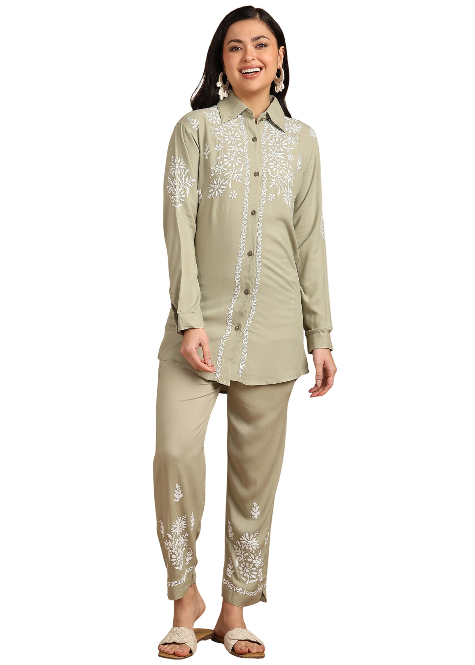 Lucknow Chikankari Floral Embroidered Liva A-line Olive Green Co-ord Set with Shirt and Straight Pants-image-22