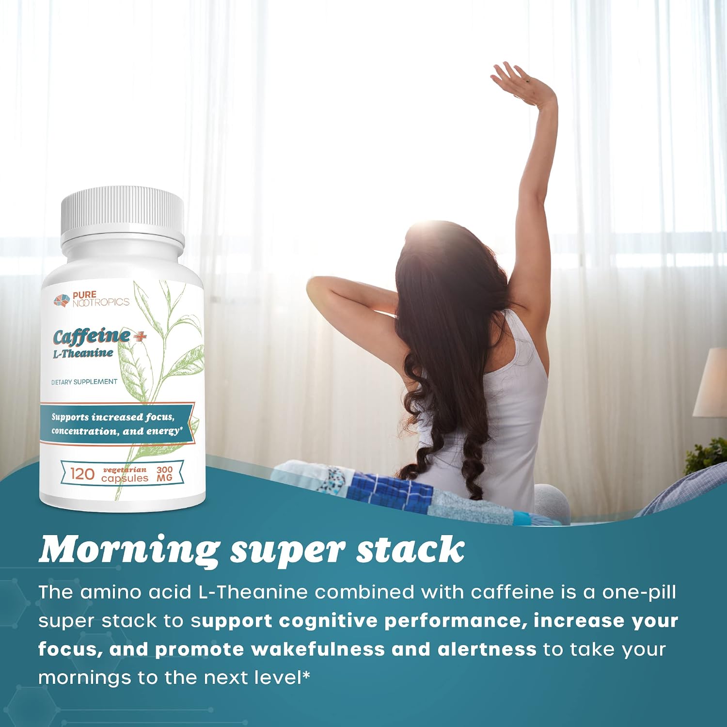 Pure Nootropics - Caffeine + L-theanine 300 mg Capsules | 120 Veg Cap Value Pack | Focused Energy Fortified with Amino Acids | All Natural Mood Support | Morning Super Stack Brain Blend