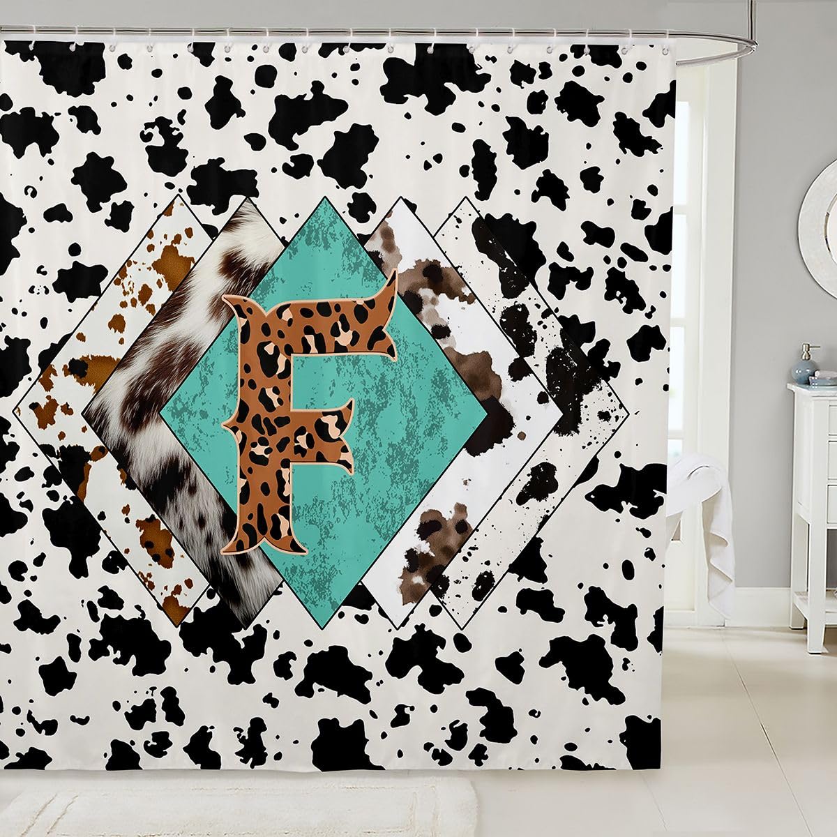 Rideau de douche lettre F taille L léopard monogramme alphabet imprimé cuir de vache rideau de bain pour adultes style rustique rustique rideaux de bain imperméables avec 12 crochets pour baignoire
