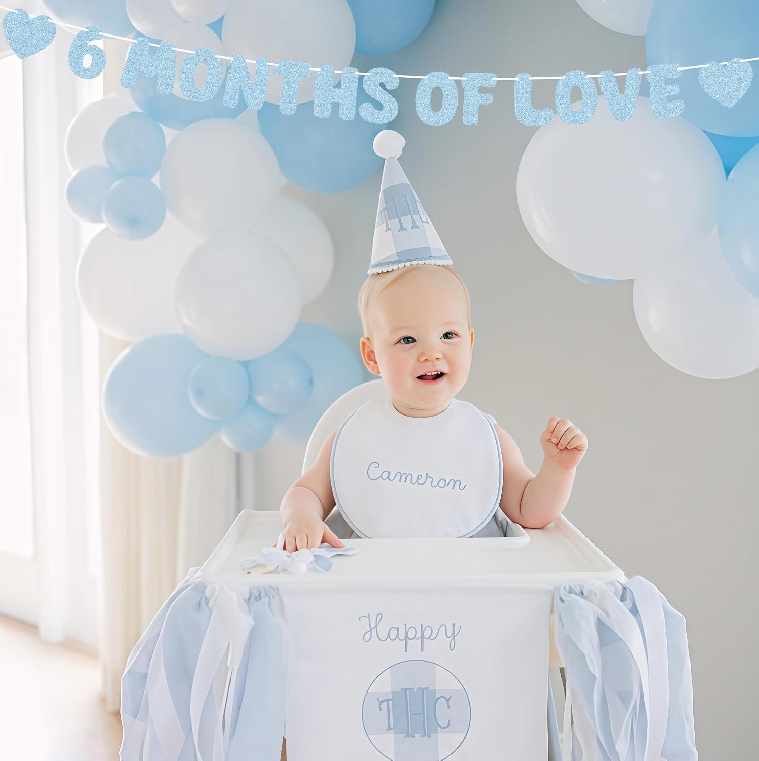 Pre-Strung 6 Months of Love Banner - Light Blue Glitter Happy 6 Months Birthday Decorations, Half Way to One Banner for Bor or Girl, Perfect for Gender Reveal Party/ Baby Half Birthday Party/ Baby Shower, Photo Booth Props