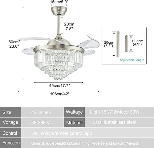 Miniatura 9 de YPQXYHDA Lámparas de techo de cristal modernas regulables de 42 pulgadas con luces ventilador de techo retráctil para dormitorio comedor sala de