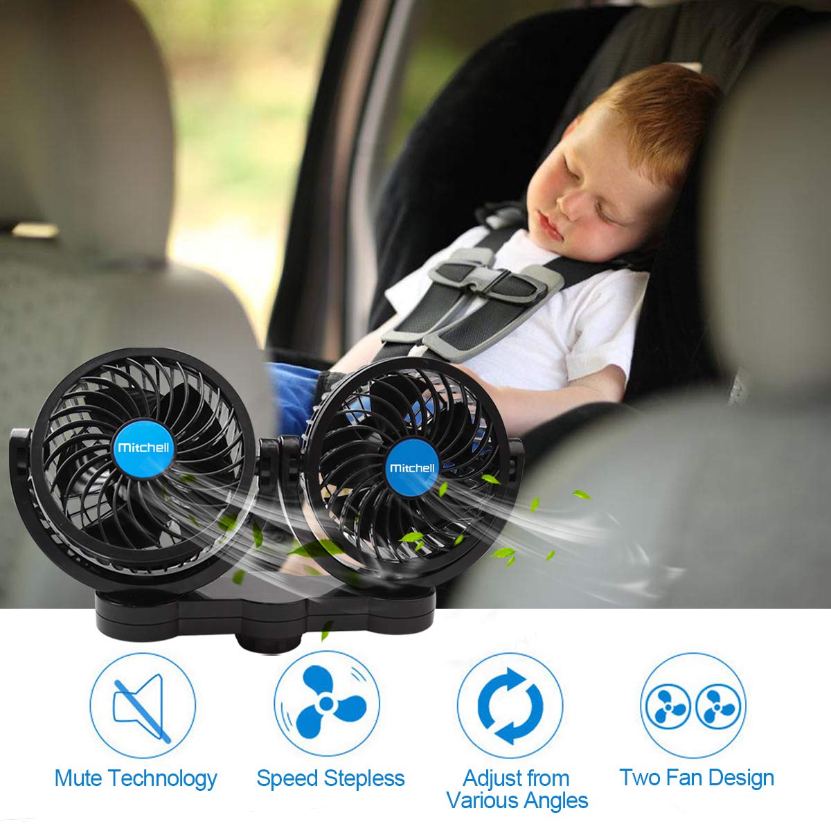 Car Fan, Electric 12V Car Fans for Rear Seat Passenger Portable Car Seat Fan 360 Degree Dual Head Rotatable Back Seat Car Fan Cooling Air Fan with Stepless Speed Regulation for SUV, RV, Van, Vehicles : Electronics