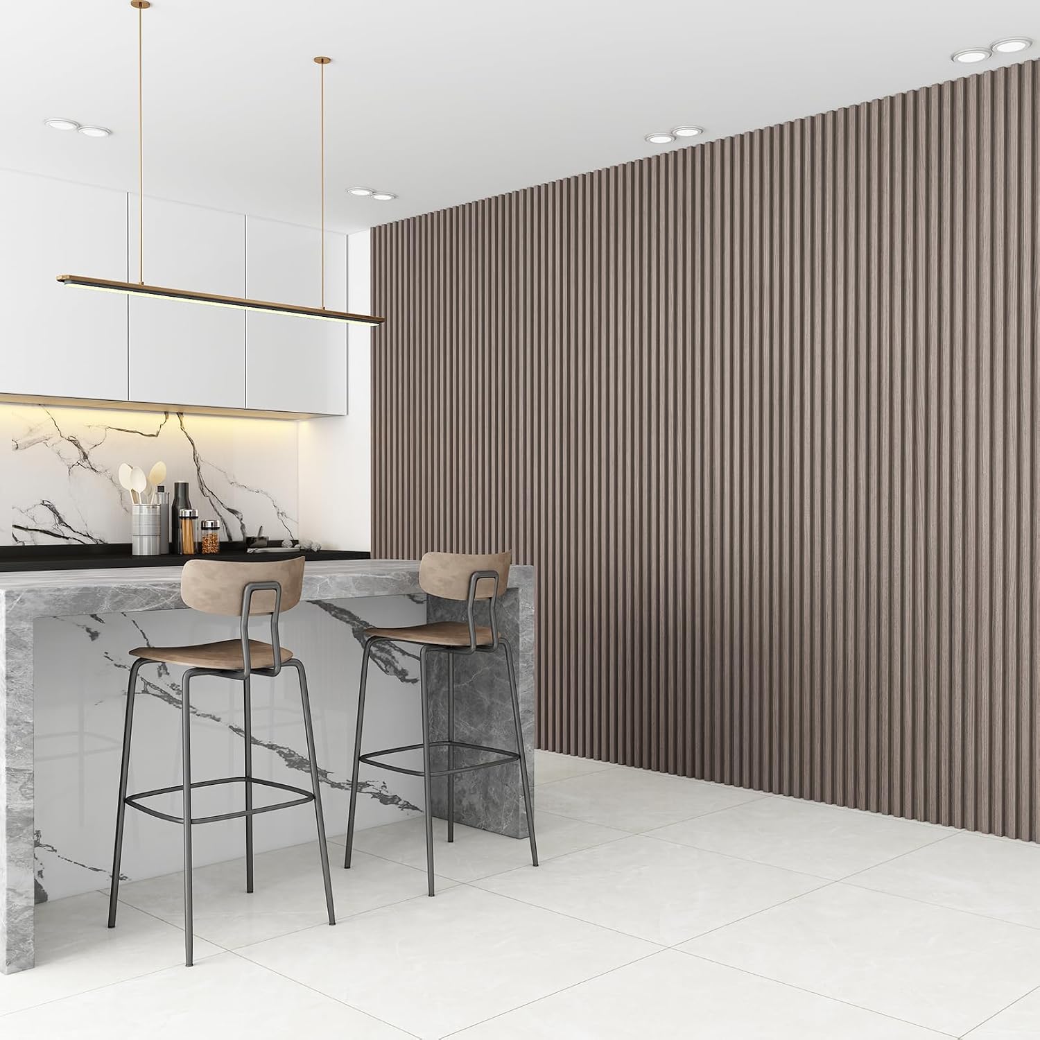 8-Pack WPC Wall Panels 108’’ x 6.1’’ 3D Slat Wall Panel Acoustic Wall Paneling for Interior Wall Decor TV Background Kitchen Bedroom Smoky Oak