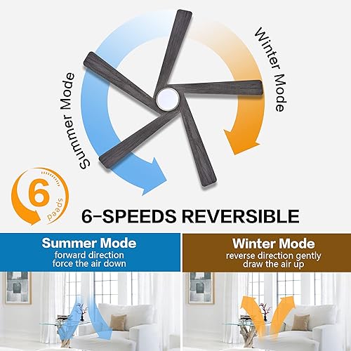 Miniatura 4 de WINGBO Ventilador de techo CC de 54 pulgadas con luces y control remoto, 5 cuchillas reversibles de madera tallada, motor de CC silencioso de 6