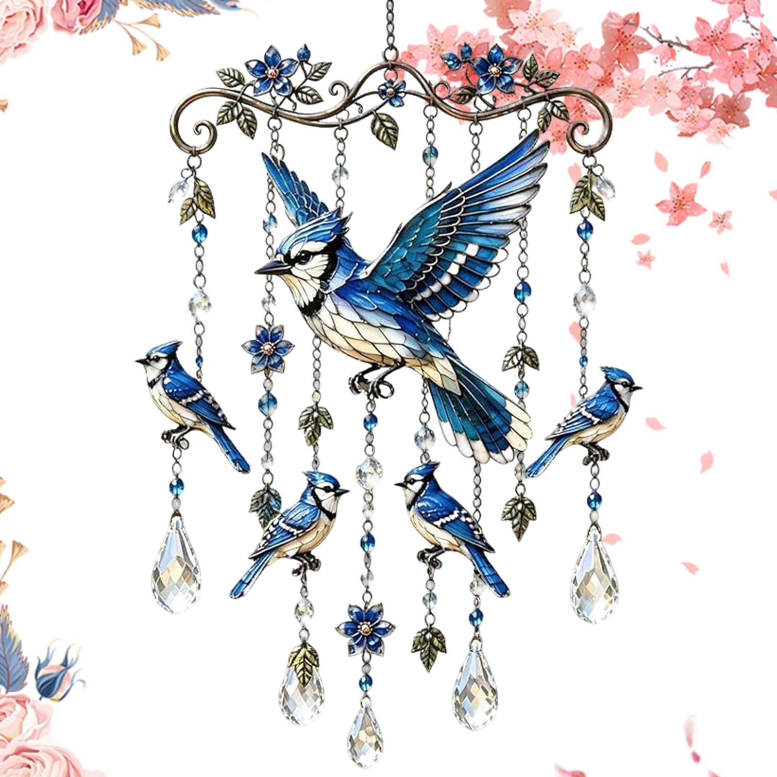 Graceful Hummingbird Wind Chime, Stained Glass & Crystal Sun Catcher Windchime, Colorful Bird Yard Decorations Outdoor, Memorial Gardening Gift for Women Mom Grandma (Blue Jay)