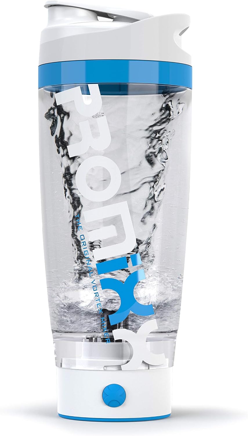 PROMiXX iX (2020 Model) Battery Powered Electric Protein Shaker - Beautifully Engineered Mixer Bottle with X-Blade Technology for Smooth Shakes/Supplements 20oz White/Blue