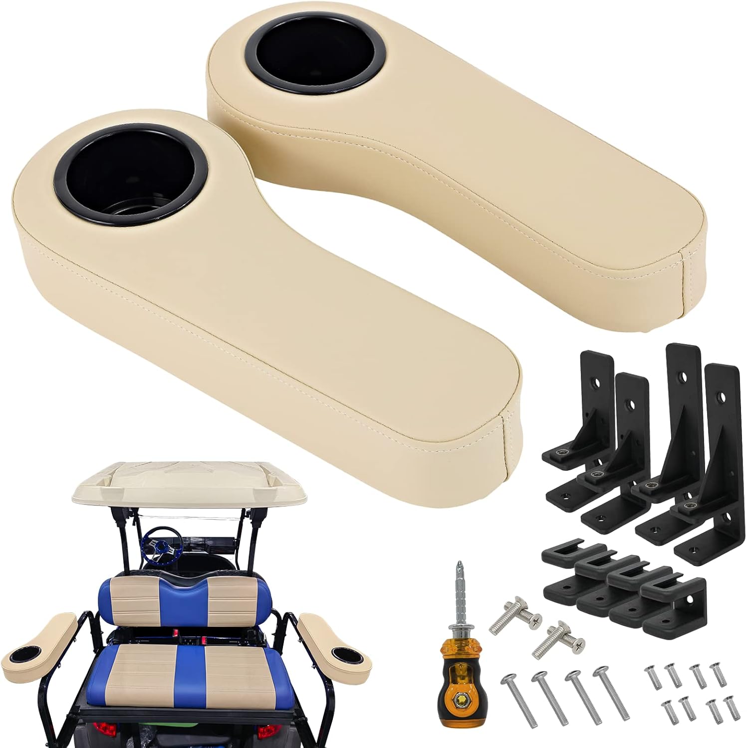 XUANYUDG0769 Golf Cart Armrest with Cup Holder for EZGO TXT Club Car DS Precedent and Yamaha Rear Seat Kit, Upgrade Support Frame/No Need Drilling Arm Rest