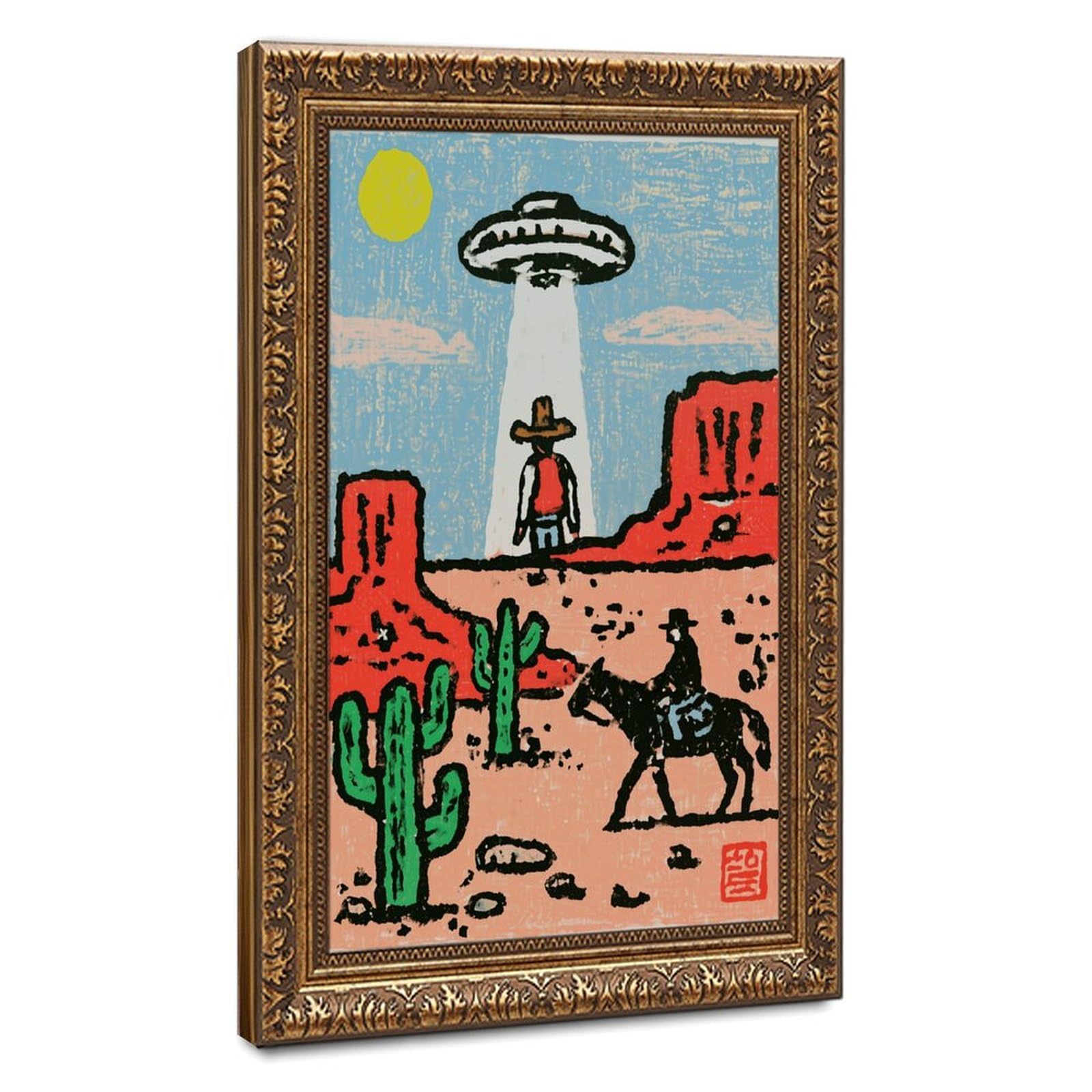 Ufo Abducting Cowboy In Desert Poster(1) Canvas Poster for Home Decor Gift