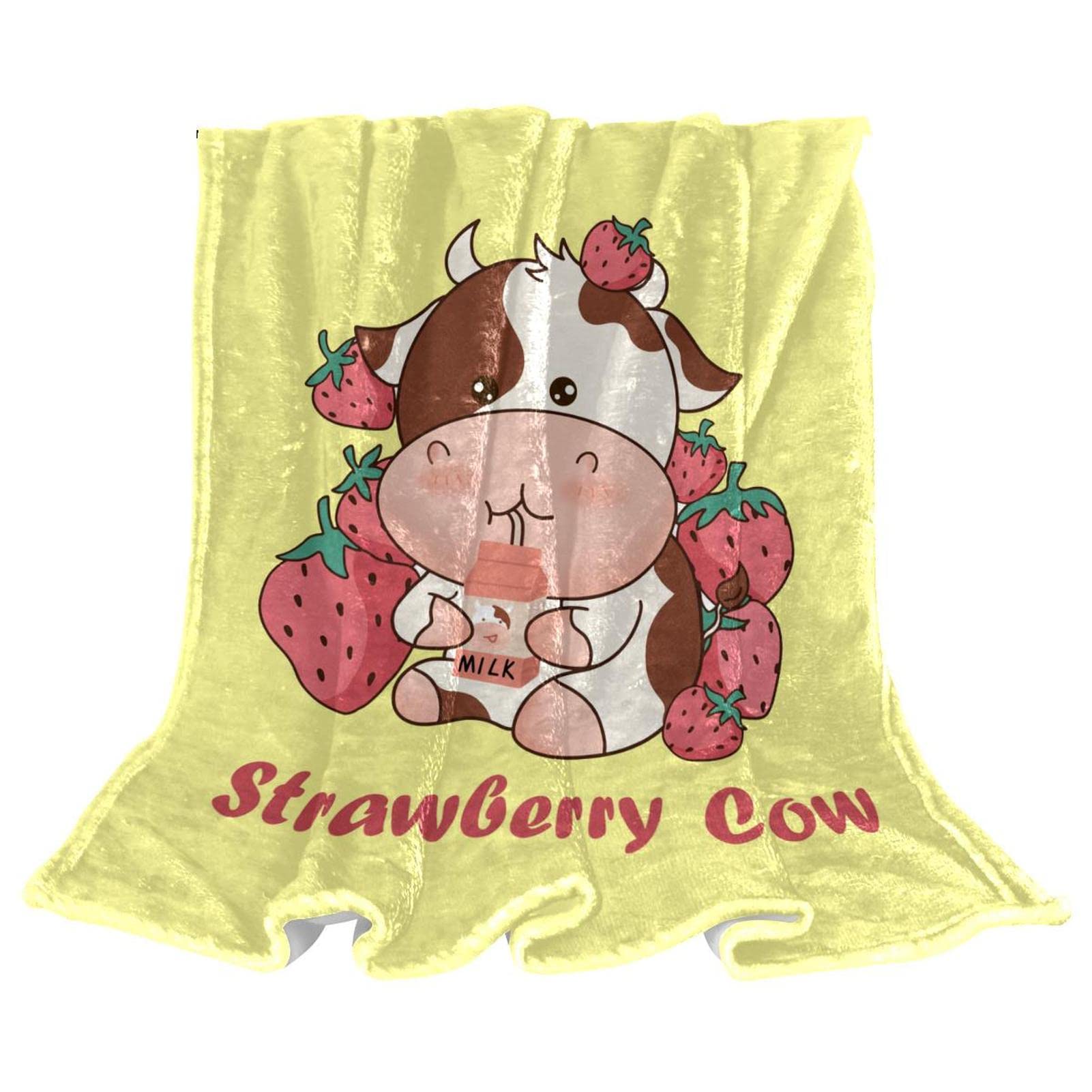 Couverture polaire anti-froid pour canapé et sol de chambre motif vache fraise