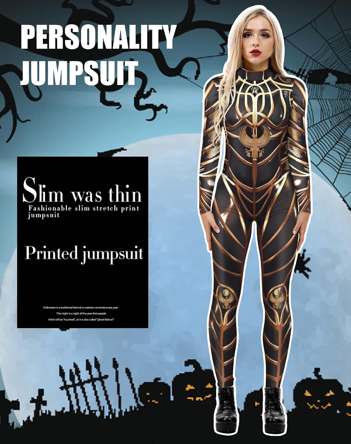 FEOYA Skeleton Jumpsuit for Women Halloween Costume Long Sleeve Skinny Catsuit 3D Print Skull Bodysuit Bone Cosplay Outfit