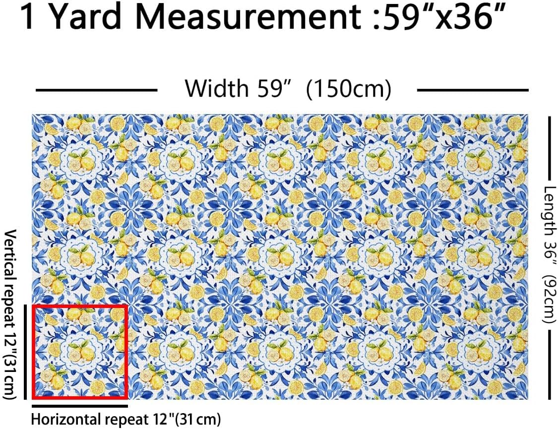 Erosebridal Blue White Porcelain Fabric by The Yard Lemon Flowers Waterproof Outdoor Decor Retro Botanical Leaves Watercolor Yellow Green Upholstery Decor DIY Decor for Quilting Sewing 5 Yards