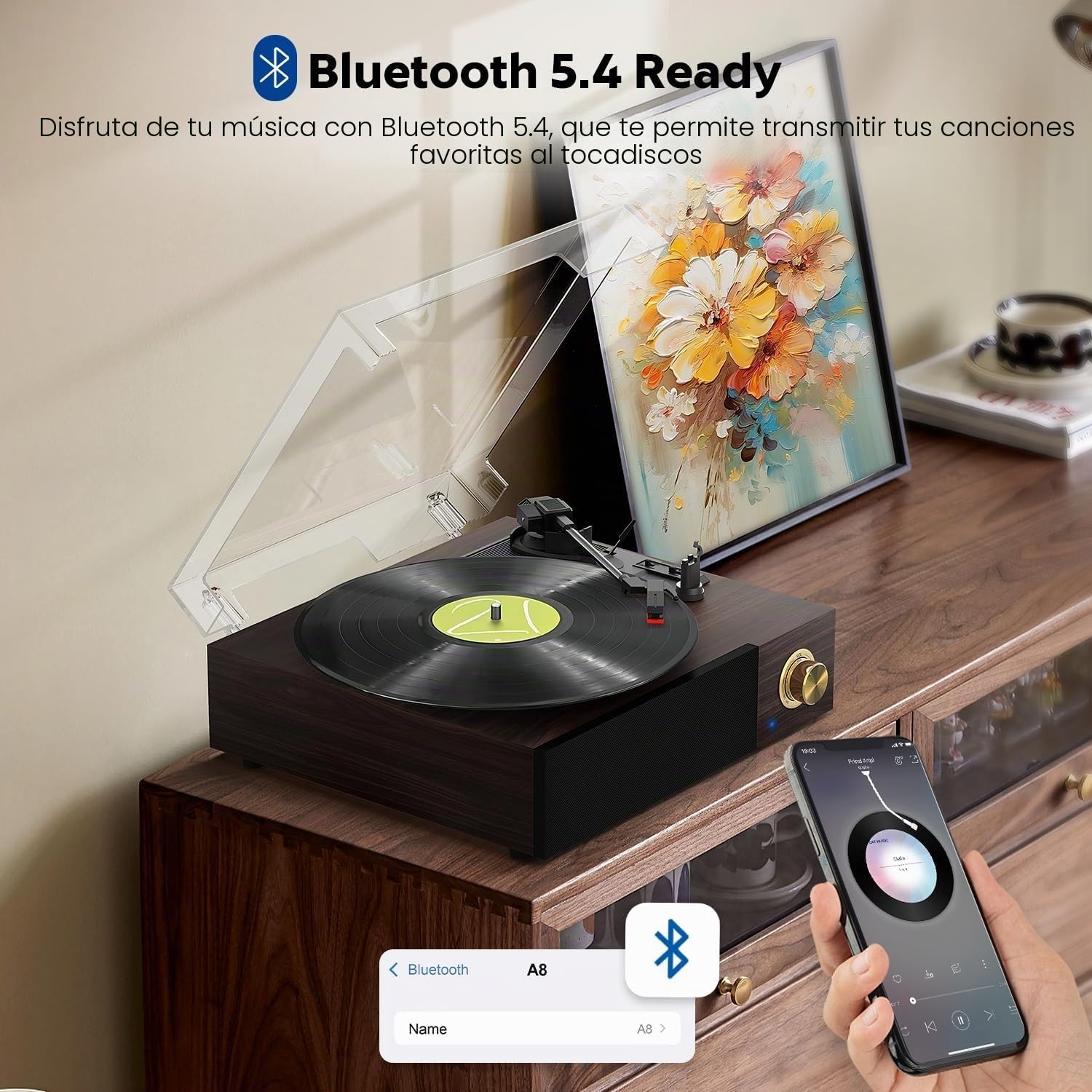 FYDEE Tocadiscos de Vinilo con Altavoces Integrados 6W, Diseño Retro de Madera con Tapa, Reproductor Bluetooth 5.4, 3 Velocidades, Salida RCA para Amplificador Externo, Protección Auto-Stop
