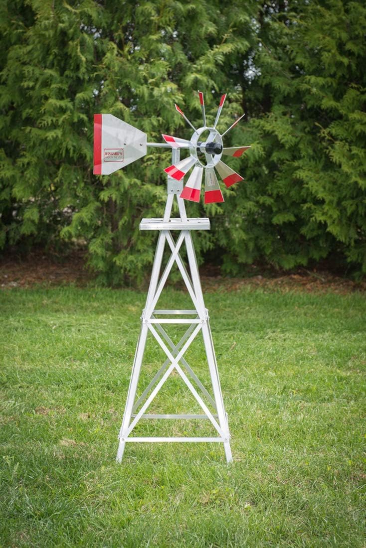 4 Ft Premium Aluminum Decorative Garden Windmill, Red Trim