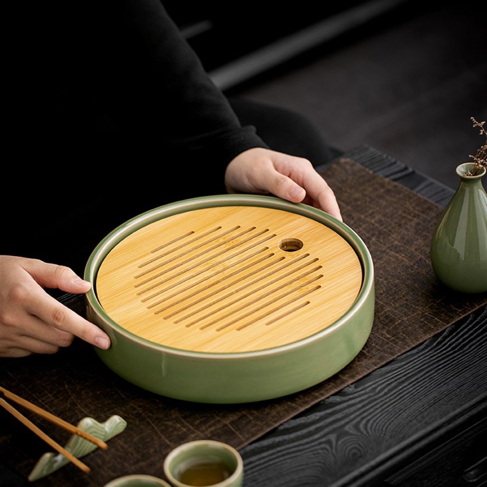 Mesa de Té Bandeja de Te Bandeja de té for almacenamiento de agua en el hogar, mesa de té pequeña for salón de oficina, juegos de té de kungfú, bandeja de té de cerámica seca Bandejas para Servir Comi