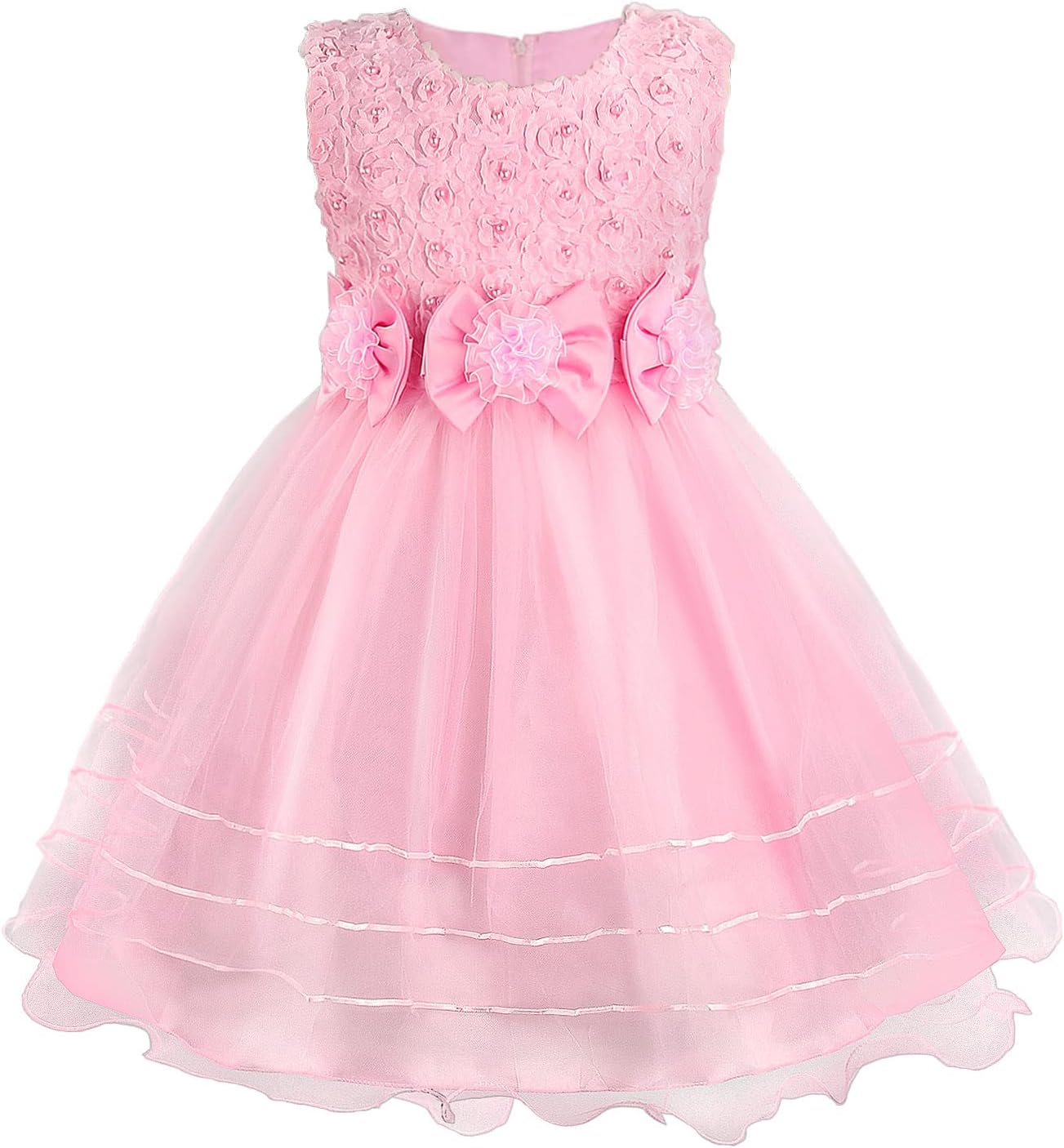 Discoball Girls Princess Dress, Rose Flower Bow Tie Party Dresses, Tulle Wedding Dress Bridesmaid Christening Elegant Formal Dresses for Girls(Pink), 6-7 Years