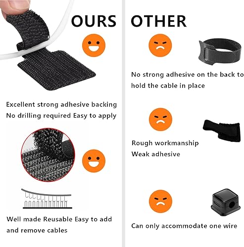 Miniatura 5 de Organizador de cables de escritorio, organizadores de cables para cables, 48 bridas autoadhesivas negras con parte trasera adhesiva, correas de