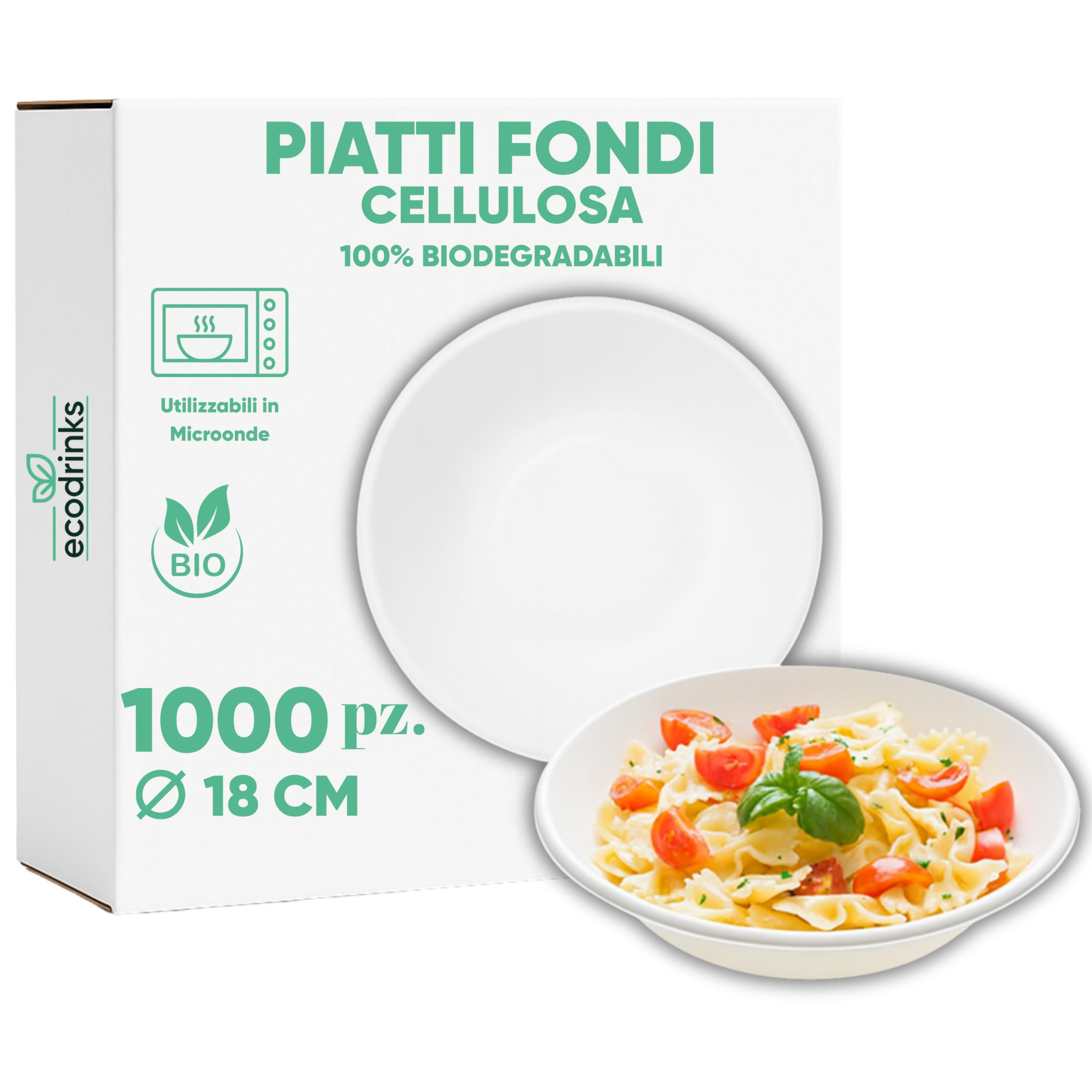 marketcaffe Set di 1000 Piatti Fondi in Polpa di Cellulosa Biodegradabili e Compostabili - Eco-Friendly e Resistenti, Ideali per Eventi e Feste, 100% Biodegradabili - 18 CM