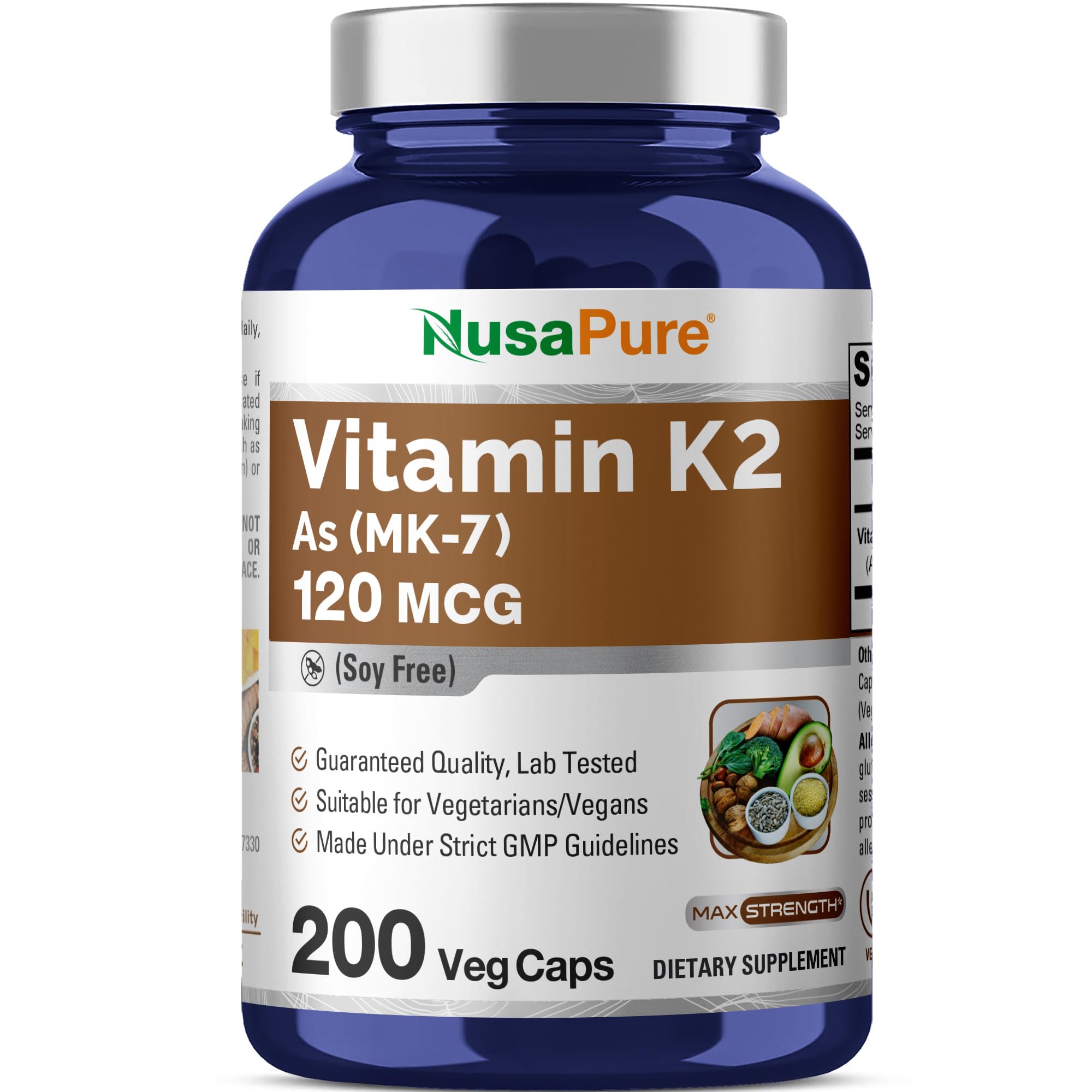NusaPure Vitamin K2 MK7 120 mcg 200 Veggie Caps (Soy Free, Non-GMO, Vegan)