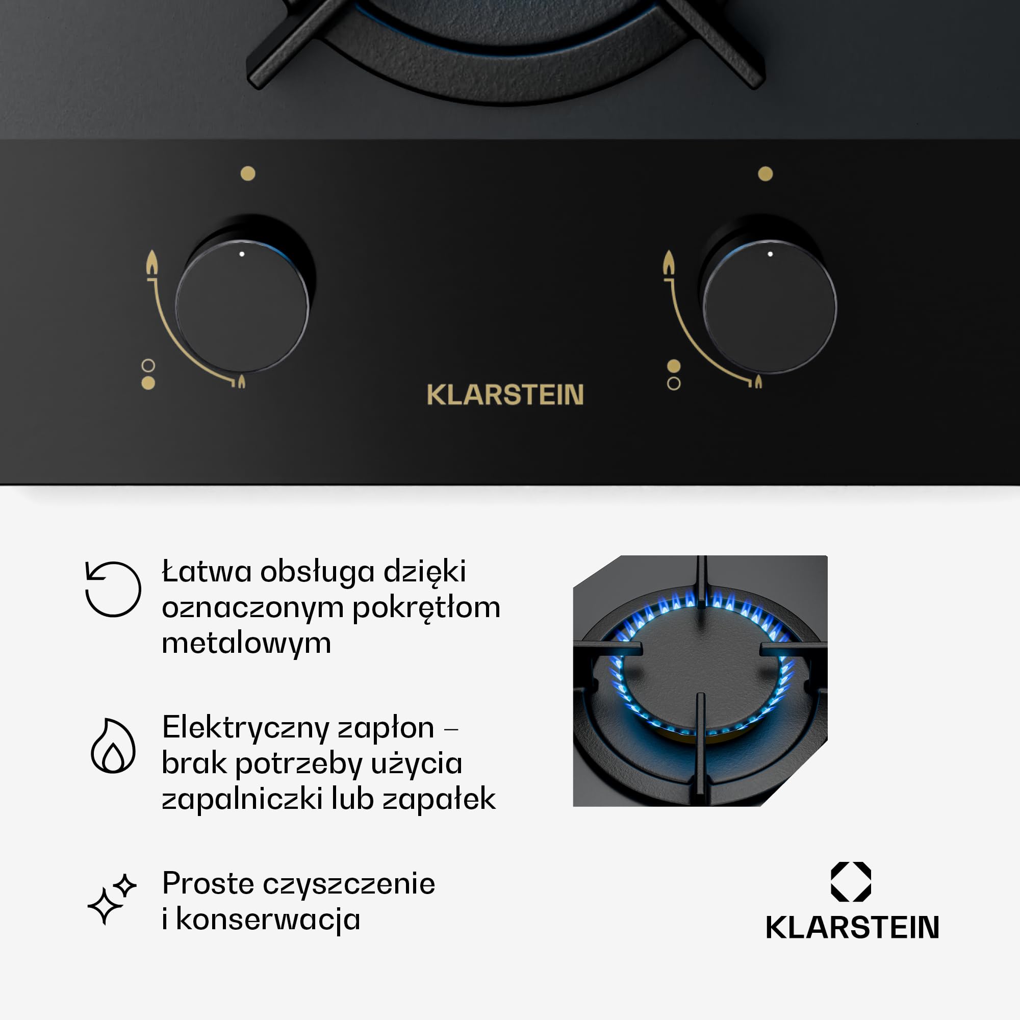 Klarstein Goldflame Nano Płyta gazowa, 2 palniki, 30 cm, Palniki mosiężne i żeliwne ruszty, 4200 W, Szkło z powłoką nano, Zabezpieczenie płomienia i automatyczny zapłon, Przezbrojenie LPG/gaz ziemny