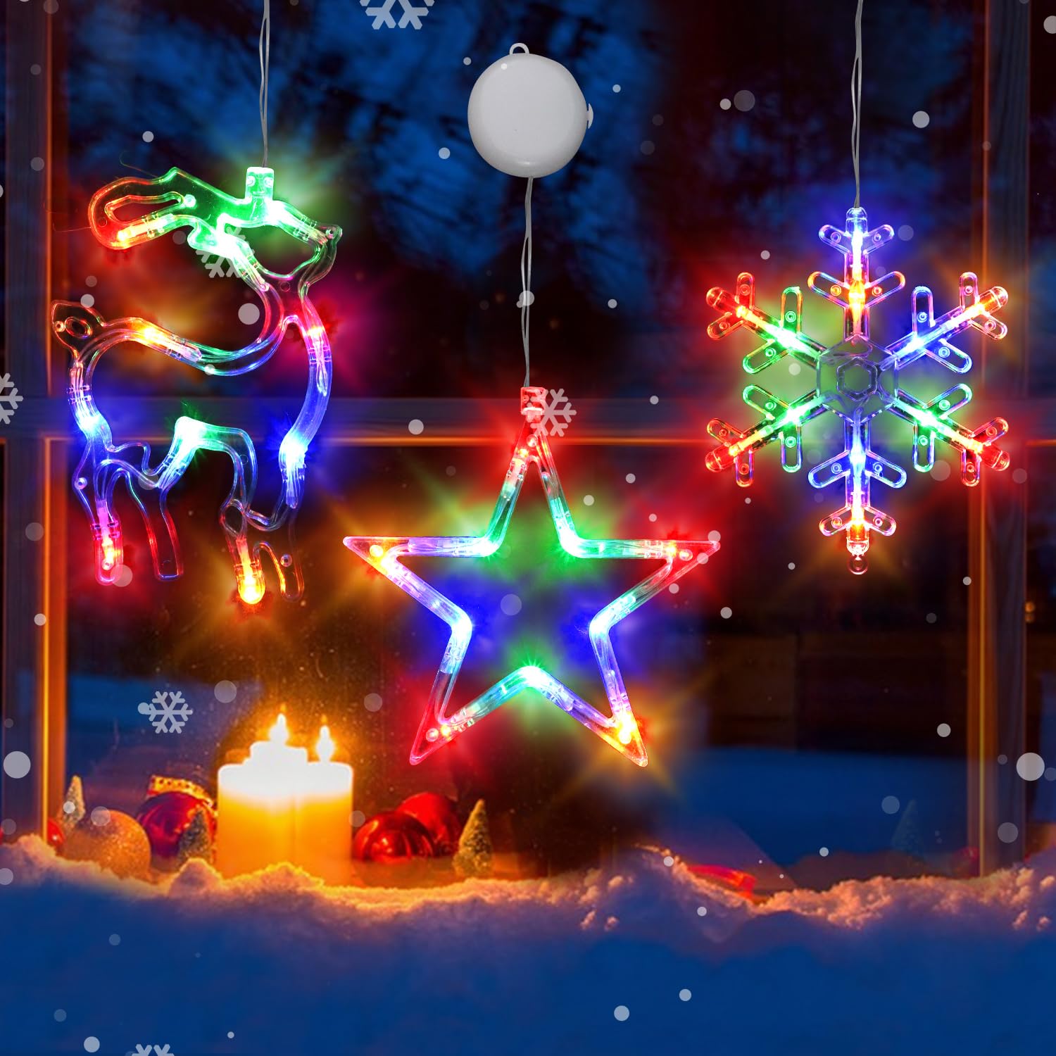 Christmas Decorations, 3Pcs Christmas Window Lights Battery Powered Christmas Window Decorations Snowflake & Star & Elk Shaped with Suction Cup for Xmas,New Year,Balcony,Party,Indoor Outdoor Decor
