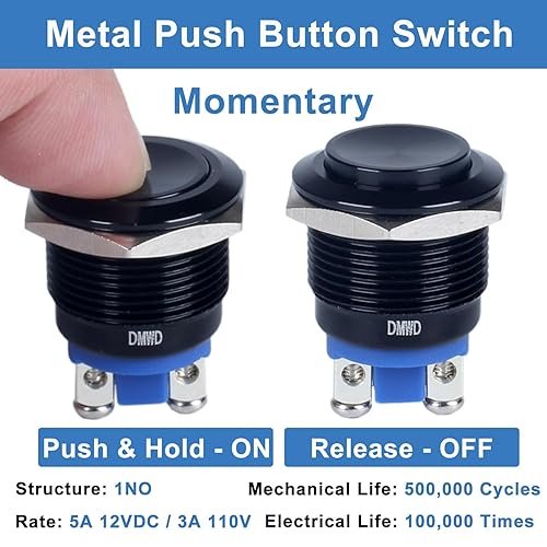 Miniatura 9 de 2 unids 0.748 in Metal momentáneo interruptor de botón para 34 "agujero de montaje Tornillo Terminales 1NO 5A 12V 24V 110V 250V plata Shell