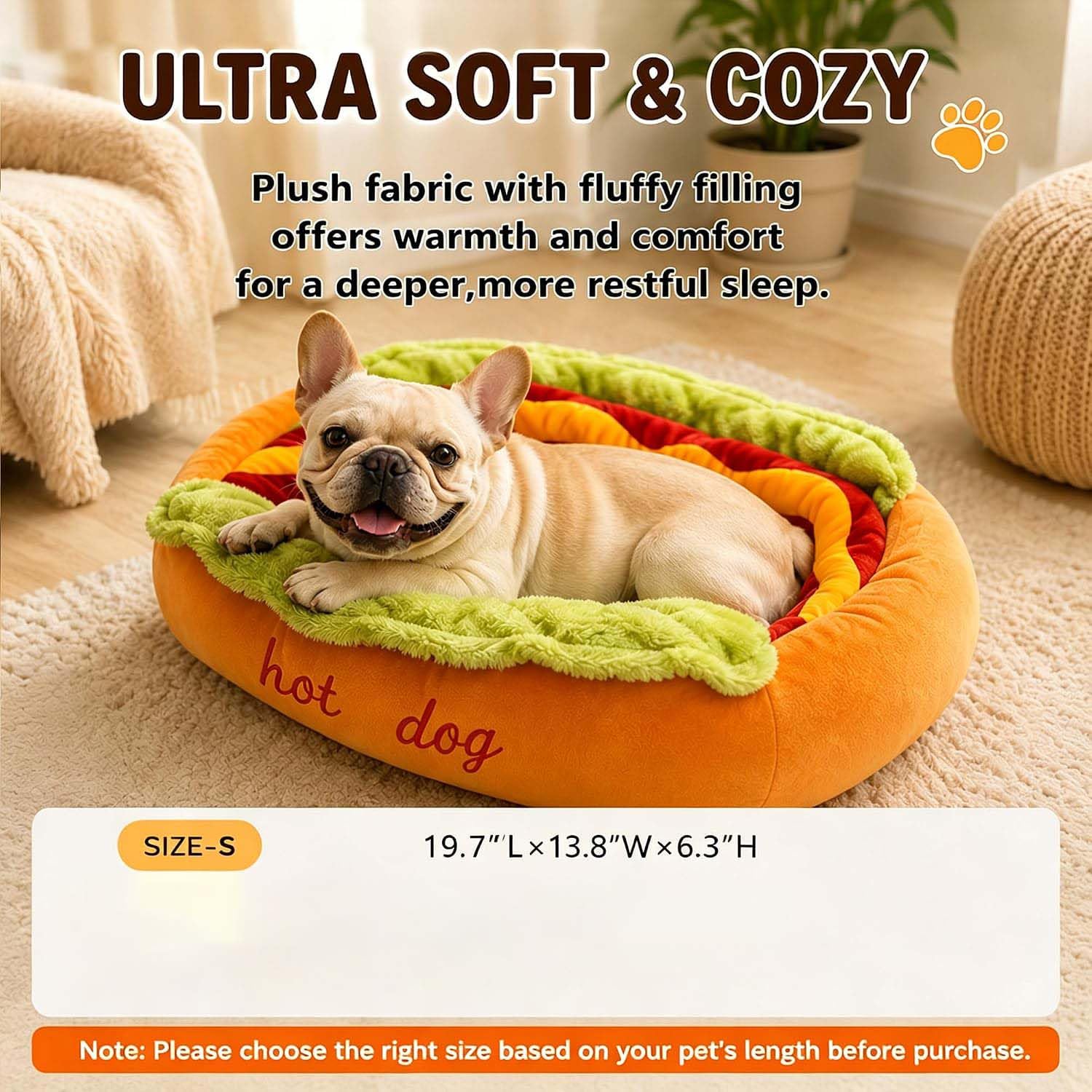 Hot Dog Cama para Perro Salchicha y Gato.50x35x16cm