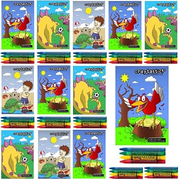 Craytastic! Kids Coloring Book Set with 12 Coloring Books and 48 Crayons Dinosaurs, Animals, Ocean & Sports Theme Birthday Party Supplies Goodie Bag Carnival Prizes Stocking Stuffers Classroom Reward