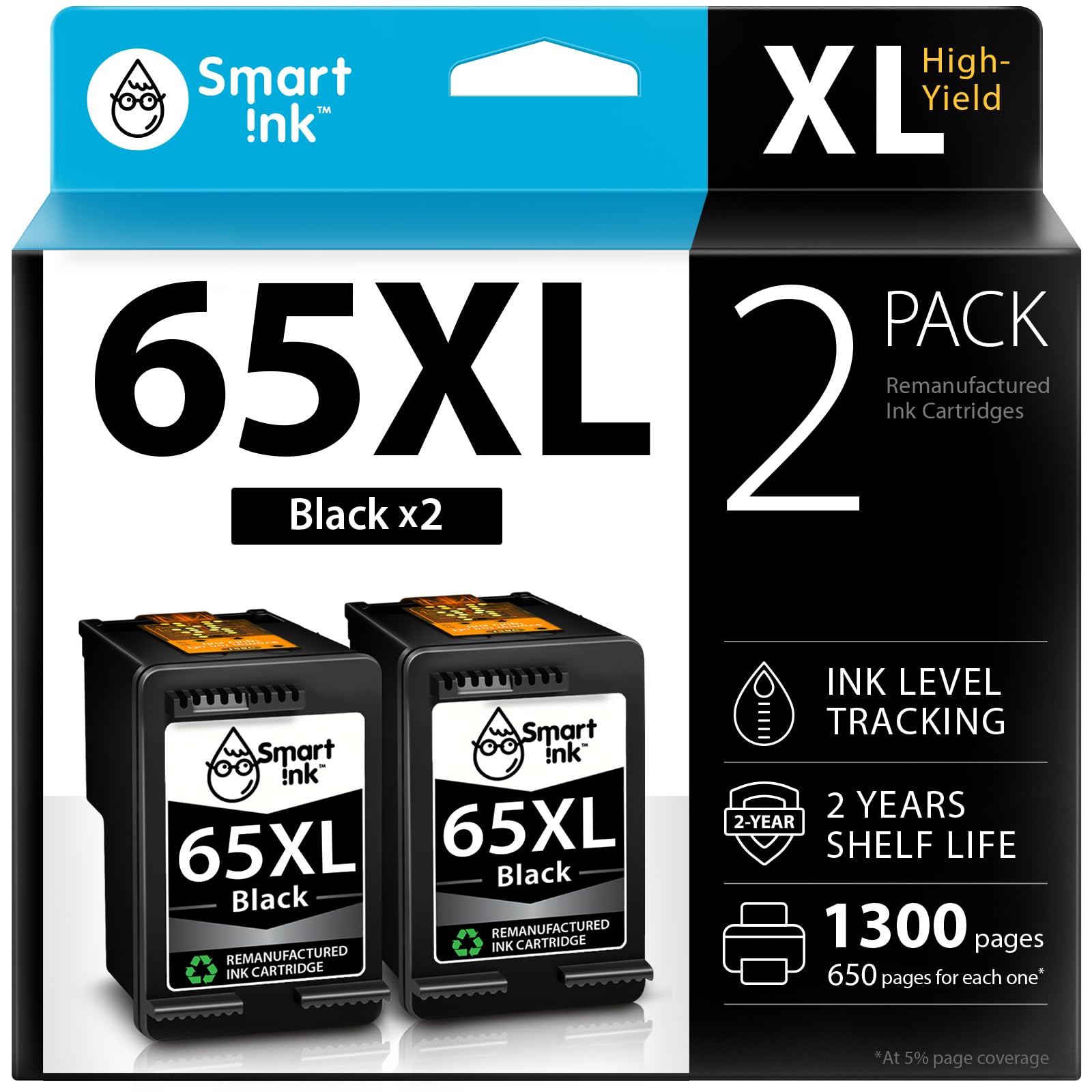 Smart Ink Remanufactured Ink Cartridges Replacement for HP 65 XL HP 65XL (2 Black Combo Pack) to use with DeskJet 3755 2600 2625 2652 2655 3700 3720 3752 3772 Envy 5000 5010 5052 5055 Printer Series