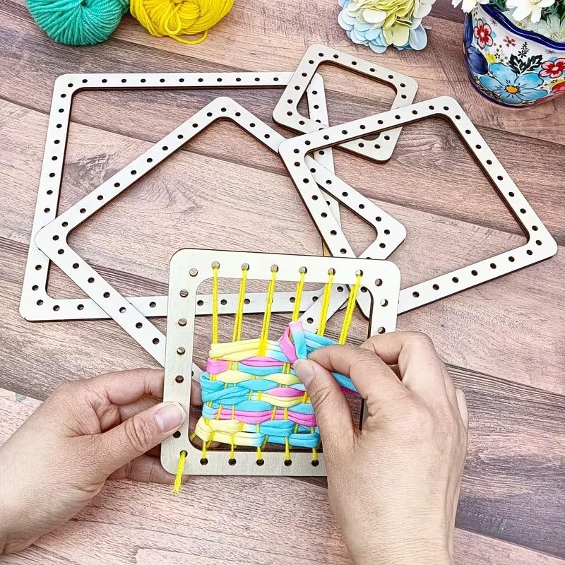 Curious Button 5 PCS Square Wooden Weaving Loom Kit with Colorful Needles | DIY Knitting & Sewing Frame for Beginners | Handcrafted Decorative Tapestry Loom Board | Wooden Weaving Tool for Craft & Art Projects 2