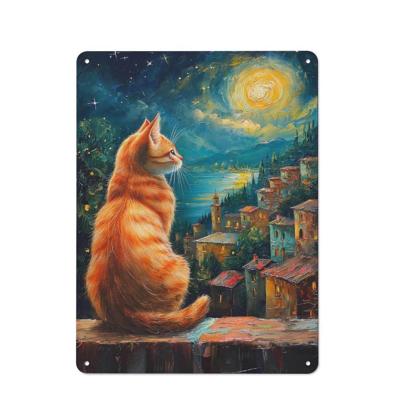 Junmoney Style-15 Cat Gazing At A Moonlit Village Tin Wall Sign 40X30cm, Loft Style Industrial Wall Decor For Loft, Studio, Office Or Creative Room