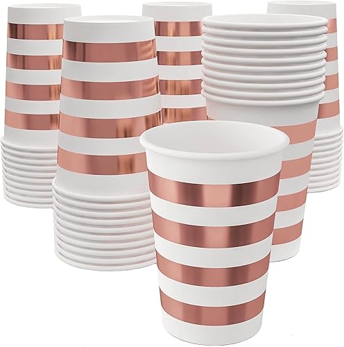 Juego de 50 vasos de papel color oro rosa de 12 onzas para fiesta, vasos blancos desechables con rayas de papel de aluminio rosas para bebidas,