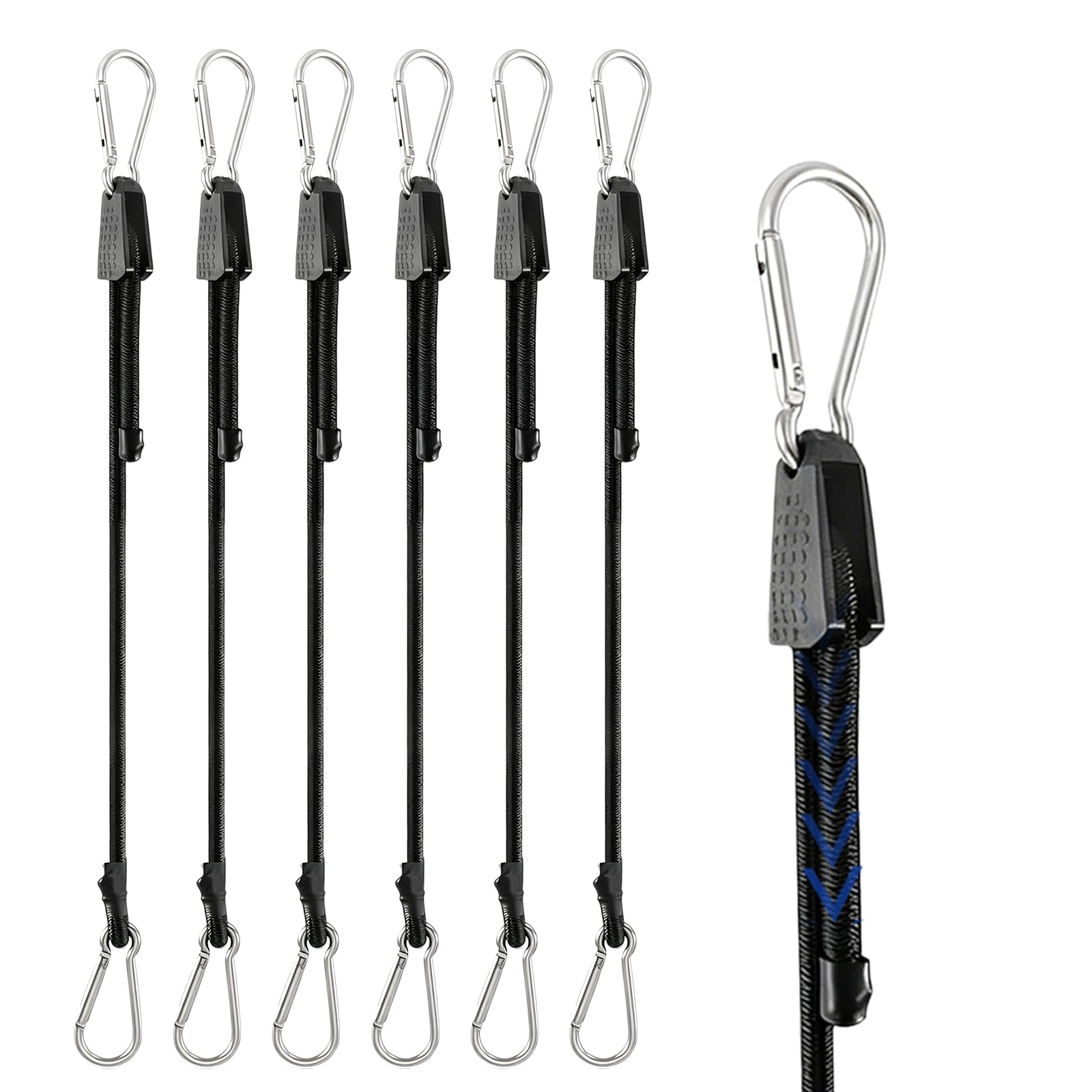 BORISCA 6 Pcs 3.28ft Adjustable Bungee Cords with Carabiner Hook, Black Bungee Cords with Carabiner Clips, for Car, Boat, Bicycle, Camping & Outdoor
