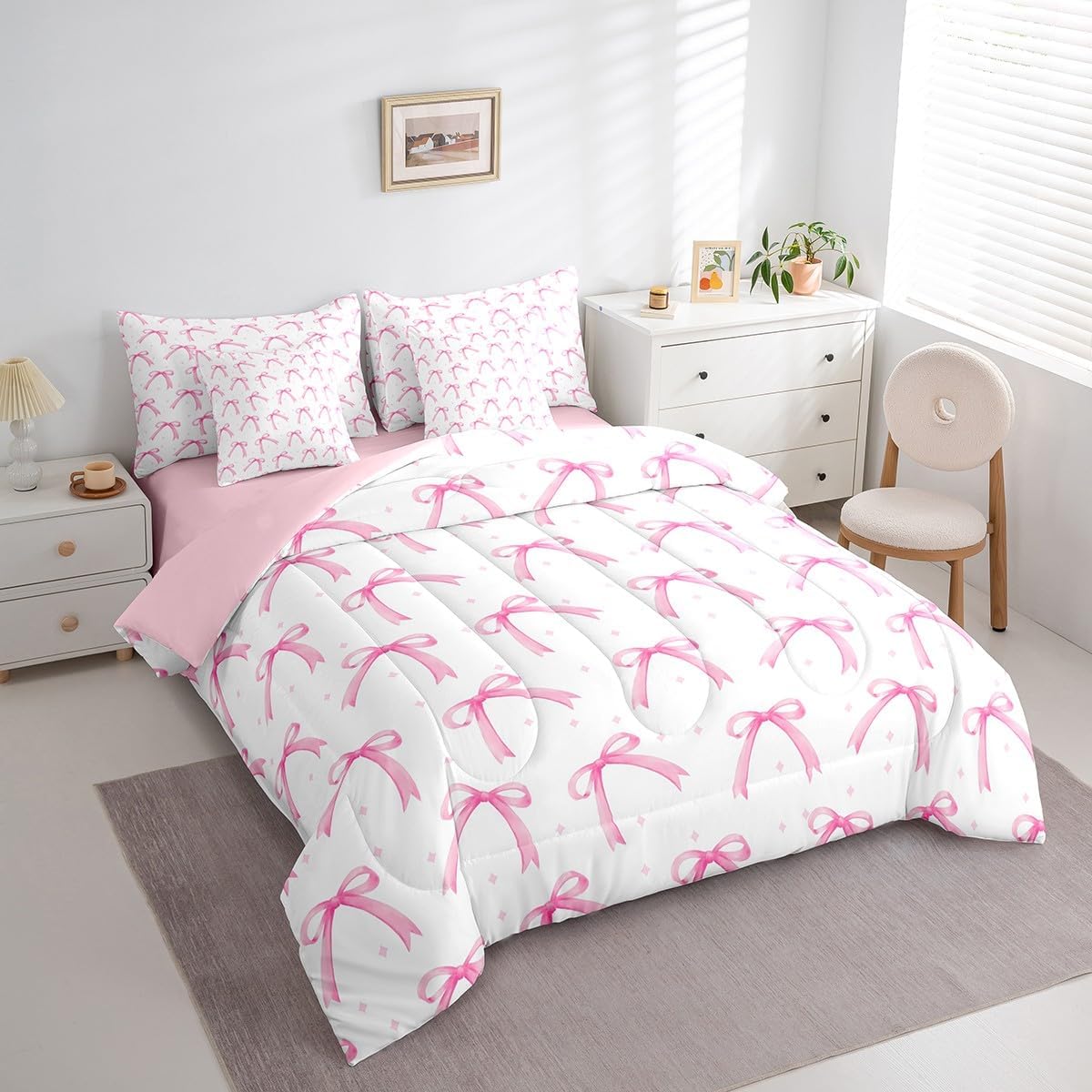 Feelyou Cute Pink Bow Bed Set Bowknot 7 Pieces Bedding Set, Boys Girls Room Decor Dreamy Princess Style All Season,Bed in a Bag with Comforter, Sheets, Pillowcases Queen Size Bow Sweetheart Polka Dots