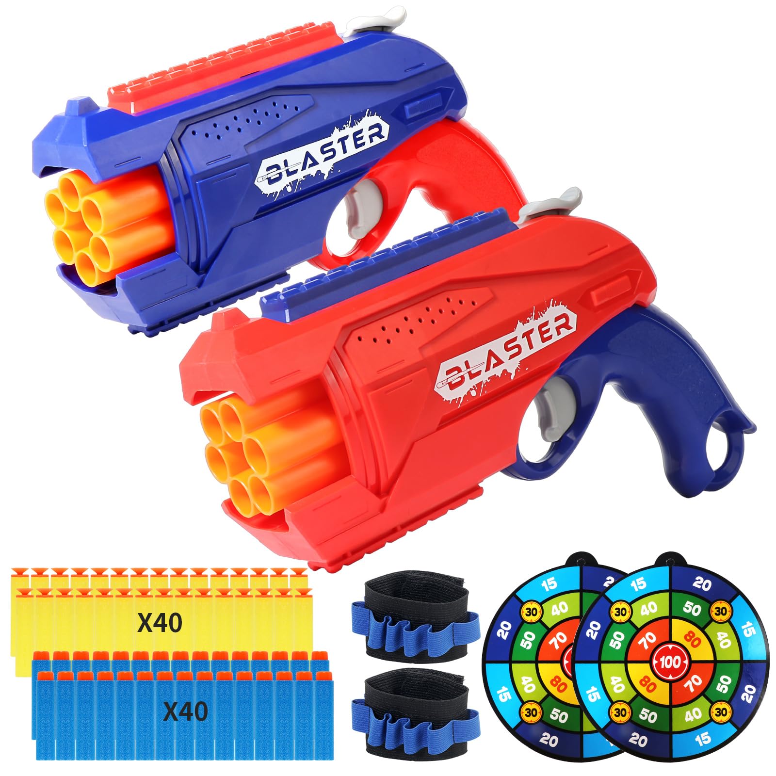 2 Pack 6 Rotating Drum Fit for Nerf Guns Darts Toy Gun, Kids Blaster Toy Pistol with 80 Soft Foam Darts, Gun Toys for Boys, Teens Ages 6+ (Red and Blue)
