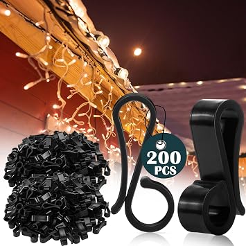 Namalu 200 Pcs Christmas Light Clips Gutter Clips for Hanging Outdoor Lights Plastic Weatherproof Gutter Hooks Hanging String Lamp Holder Mount to Shingles for Halloween Xmas Tree Decor Black