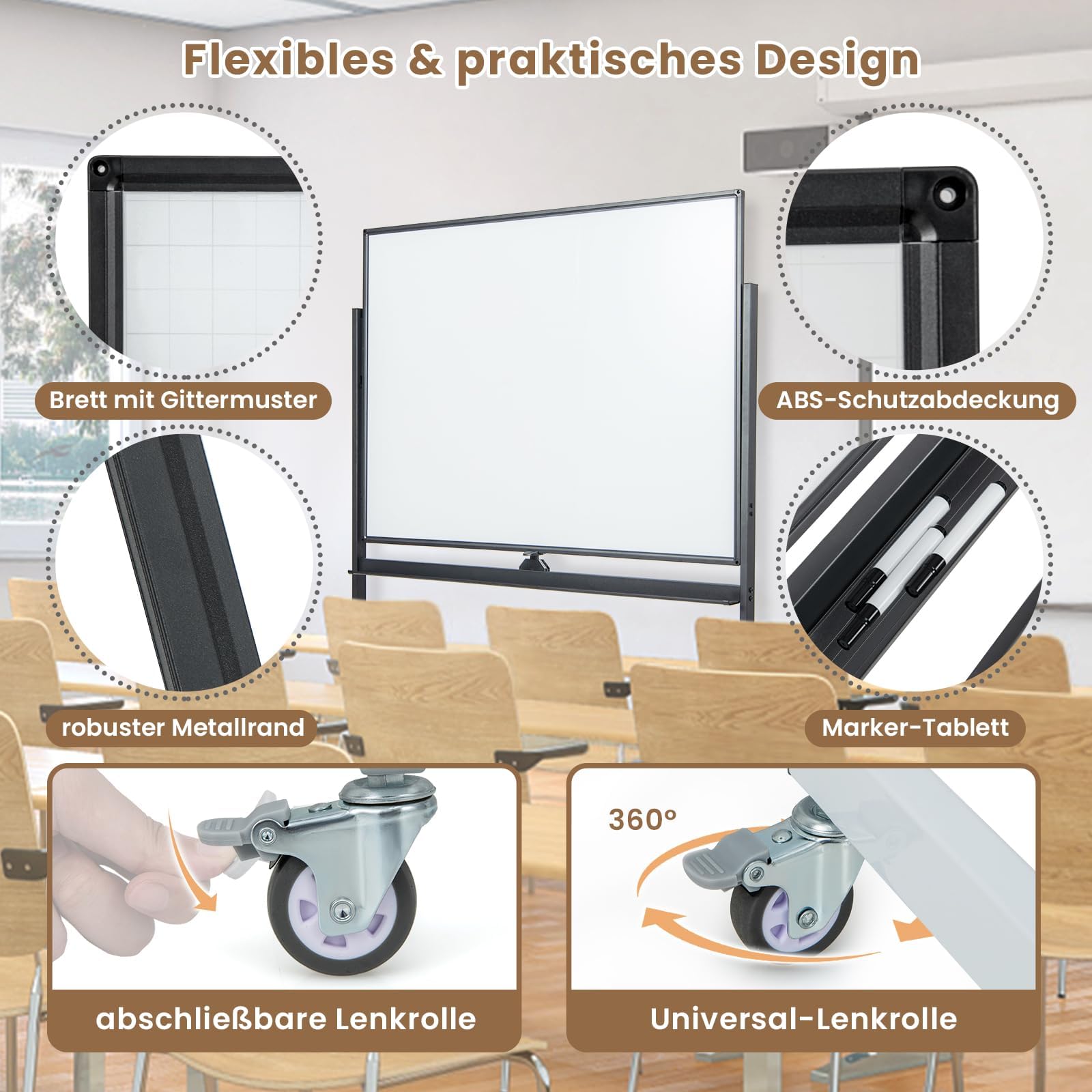 FANTASK Doppelseitiges mobiles Whiteboard, 120 x 90 cm, Trocken abwischbares magnetisches Whiteboard mit Gittermuster, Rollen, Ständer und Stiftablage, inkl. Zubehör für Büro, Zuhause (Schwarz)