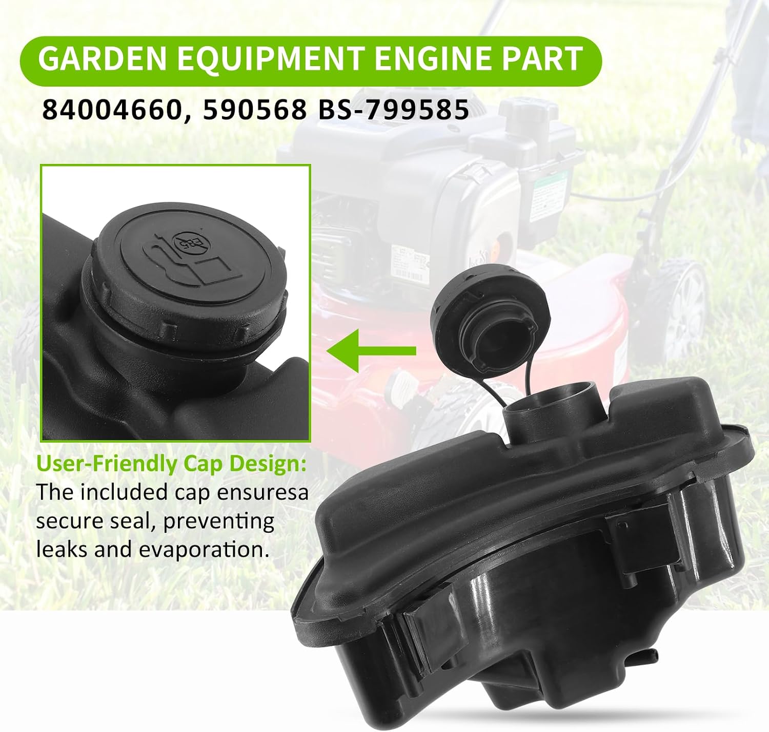 84004660 590568 Fuel Gas Tank with 799585 Gas Cap compatible with B & S 08P502 09P702 09P602 093J02 E450 E500 lawn mower engines, W/ Fuel Line & Fuel Shut-Off Valve