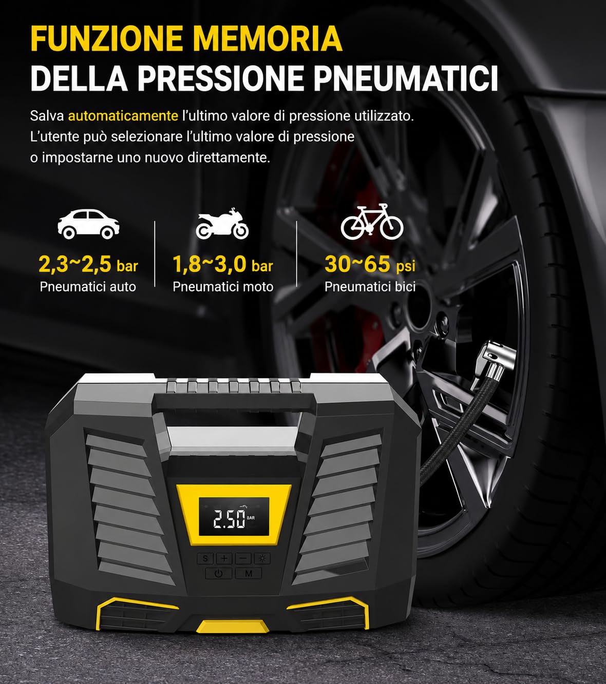 NLIGHTING Compressore Aria Portatile 150 PSI con Batteria da 2000mAh, Display Digitale LCD e Luce LED, Spegnimento Automatico, Mini Pompa Elettrica per Auto, Moto, Bici e Palloni
