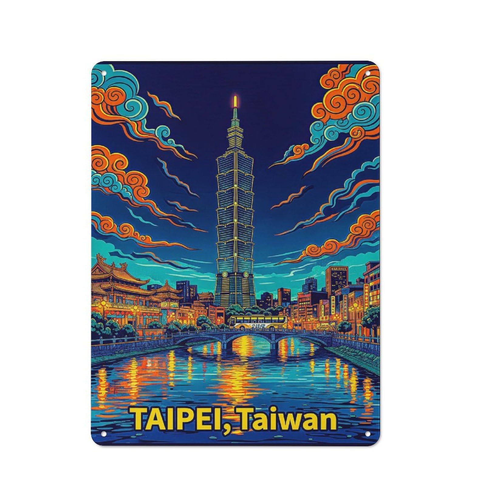 Junmoney Style-6 Vintage Metal Plaque 40X30cm Featuring Taipei Cityscape At Night, Diner Style Decor For Restaurant, Kitchen, Counter Or Breakfast Nook