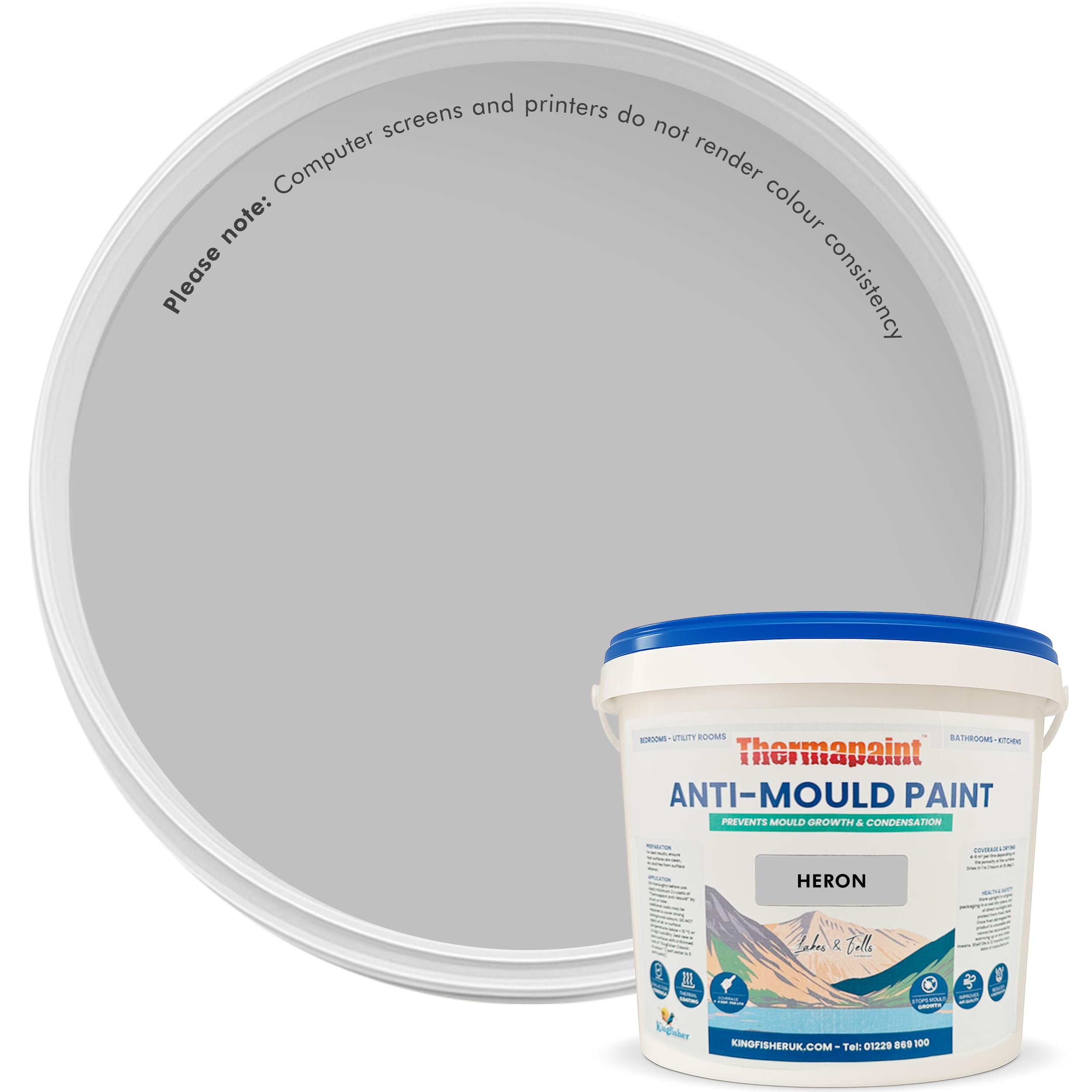 Kingfisher Thermapaint Anti Mould Paint with Active Fungicide 2.5L | Mould & Moisture Resistant Emulsion Wall Paint for Kitchens, Bathrooms & More | Waterproof & Washable | Heron