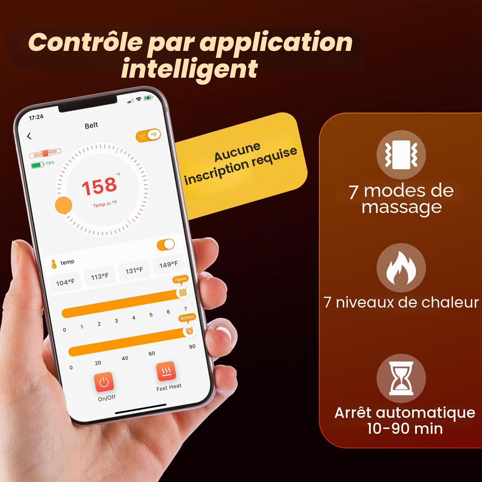 Ceinture chauffante dorsale avec application et bouton pression, batterie de 5000 mAh, ceinture chauffante sans fil, avec 7 niveaux de chaleur et 7 niveaux de vibration, bandage dorsal, coussin