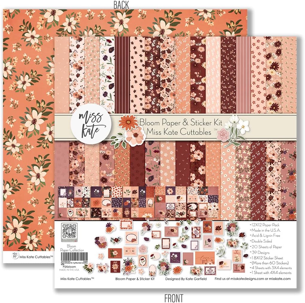Paper & Sticker Kit - Bloom - 20 Double-Sided 12x12 Papers with 39 Designs & 1 8X12 Sticker Sheet - Scrapbooking Card Making Crafting - by Miss Kate Cuttables