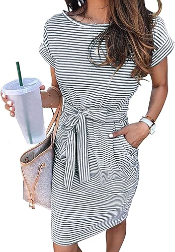 MEROKEETY Vestido de Verano a Rayas de Manga Corta para Mujer, Casual, Cintura c