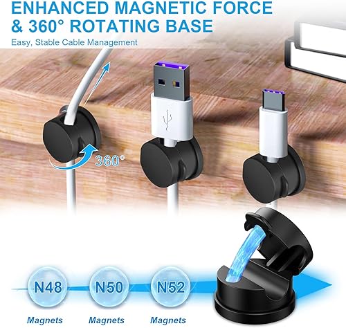 Miniatura 5 de Organizador de cables magnéticos, clips adhesivos giratorios de 360, soporte de cable compacto para mesita de noche, escritorio, automóvil, cocina y