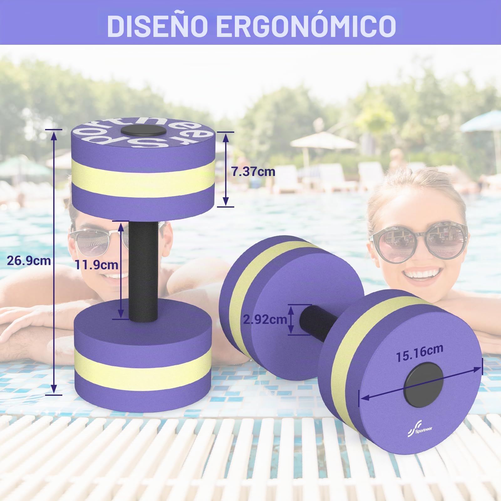 Sportneer Juego de 2 mancuernas acuáticas para ejercicios acuáticos, ejercicios aeróbicos, juego de 2 mancuernas de espuma EVA para piscina, equipo de pesas para aeróbicos acuáticos, pérdida de peso