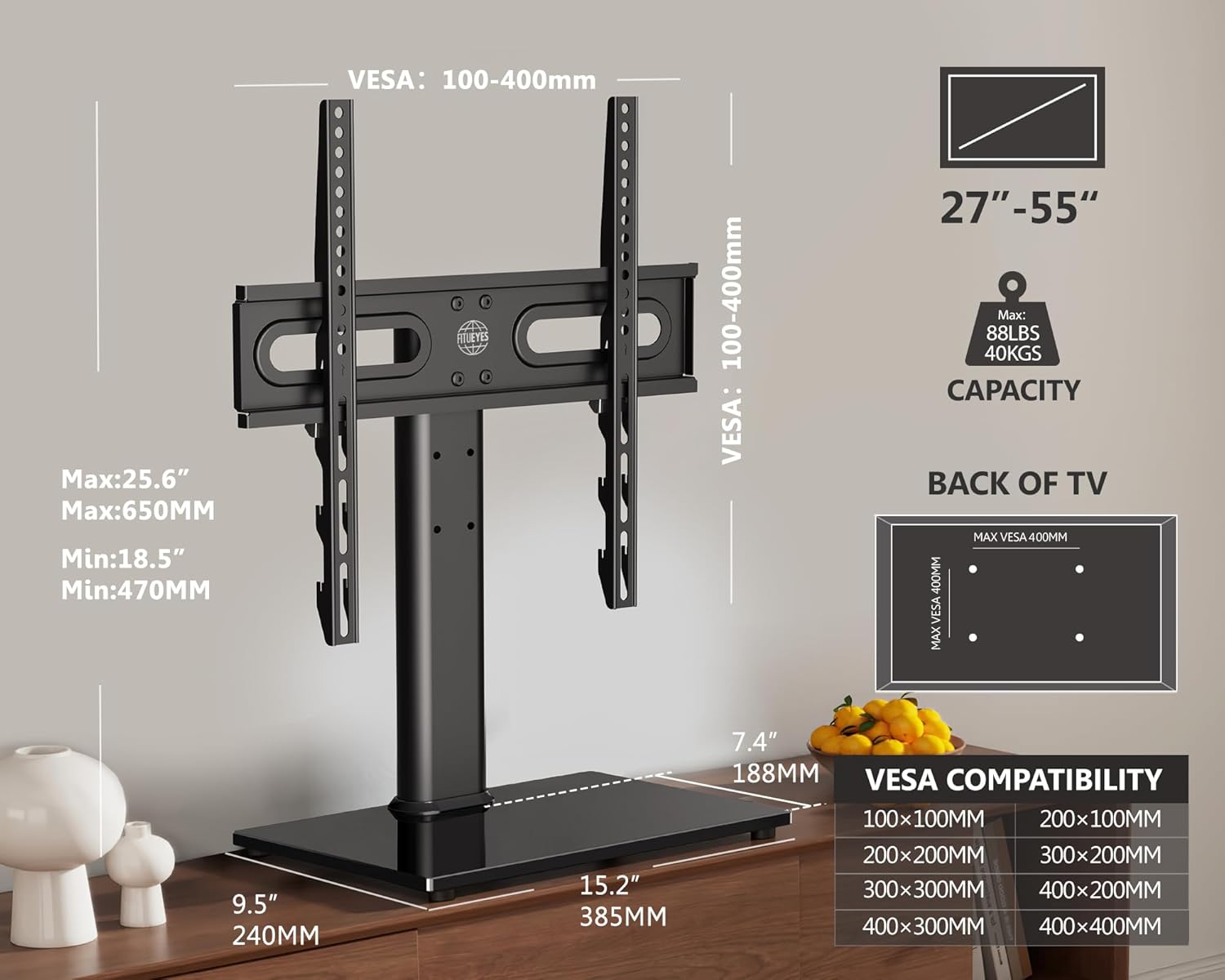 VESA Compatibility and Dimensions for FITUEYES TV Stand